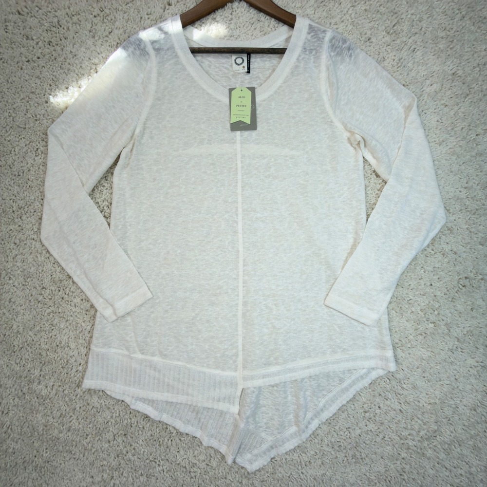 Akemi + Kin Top Women Medium White Sheer Long Sleeve Anthropologie High Low Hem